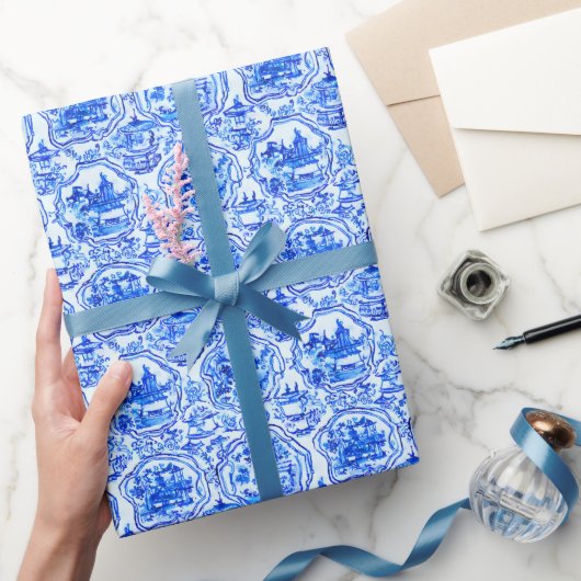 Waterverf Chinoiserie Blauwe Pagoden Cadeaupapier (Geschenken)
