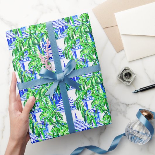 Waterverf Chinoiserie Blauwe Pagoden Cadeaupapier (Geschenken)
