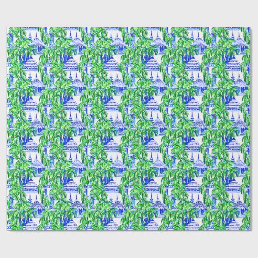 Waterverf Chinoiserie Blauwe Pagoden Cadeaupapier (Vlak)