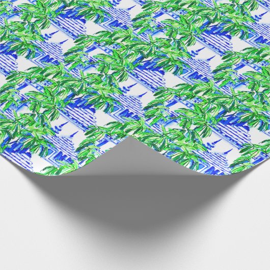 Waterverf Chinoiserie Blauwe Pagoden Cadeaupapier (Hoek)