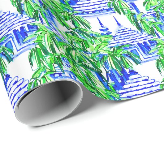Waterverf Chinoiserie Blauwe Pagoden Cadeaupapier (Rol Hoek)