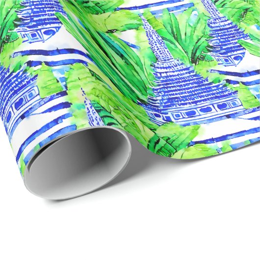 Waterverf Chinoiserie Blauwe Pagoden Cadeaupapier (Rol Hoek)