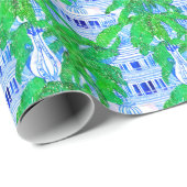 Waterverf Chinoiserie Blauwe Pagoden Cadeaupapier (Rol Hoek)