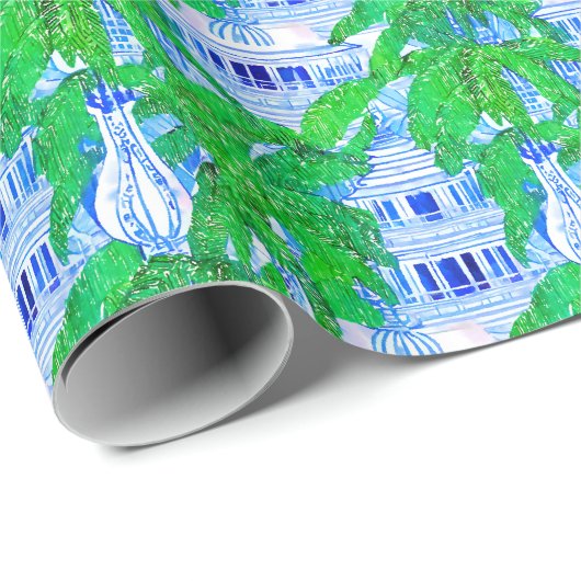 Waterverf Chinoiserie Blauwe Pagoden Cadeaupapier (Rol Hoek)