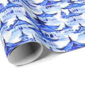 Waterverf Chinoiserie Blauwe Pagoden Cadeaupapier (Rol Hoek)