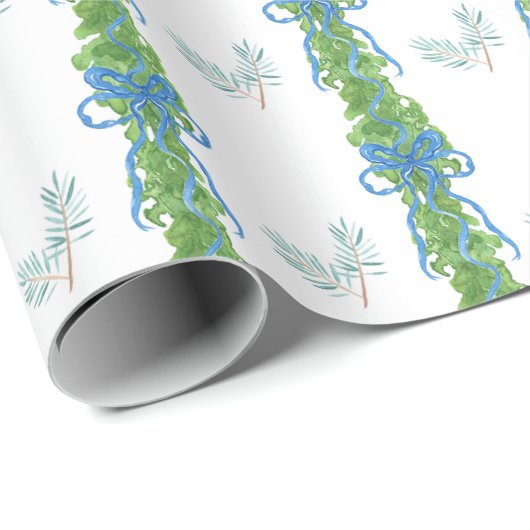 Waterverf Chinoiserie Blue Bow Garland Kerst Cadeaupapier (Rol Hoek)