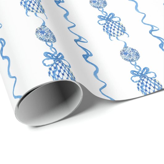 Waterverf Chinoiserie Blue Bow Garland Kerst Cadeaupapier (Rol Hoek)
