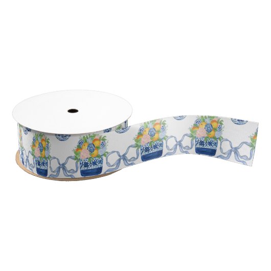 Waterverf Chinoiserie Blue Bows & Mandarijnen Grosgrain Lint (Spoel)