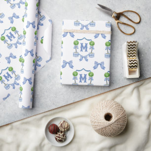 Waterverf Chinoiserie Blue Topiary Monogram Crest Cadeaupapier