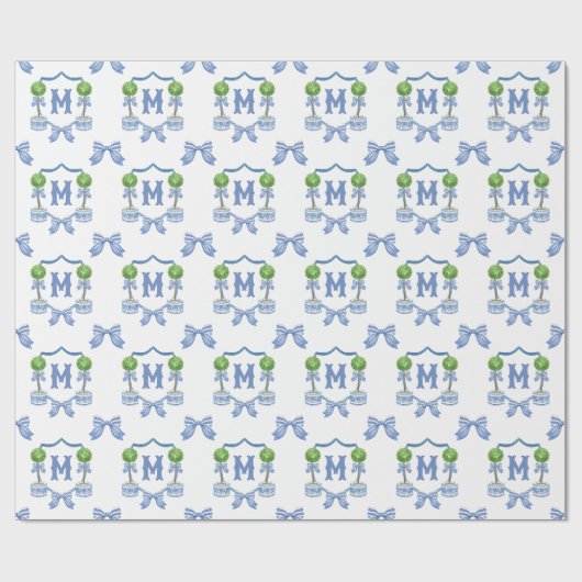 Waterverf Chinoiserie Blue Topiary Monogram Crest Cadeaupapier (Vlak)