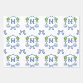 Waterverf Chinoiserie Blue Topiary Monogram Crest Inpakpapier Vel (Voorkant)
