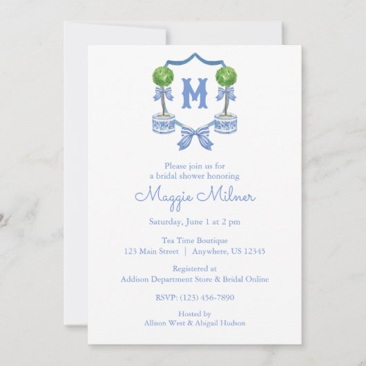 Waterverf Chinoiserie Blue Topiary Monogram Crest Kaart (Voorkant)