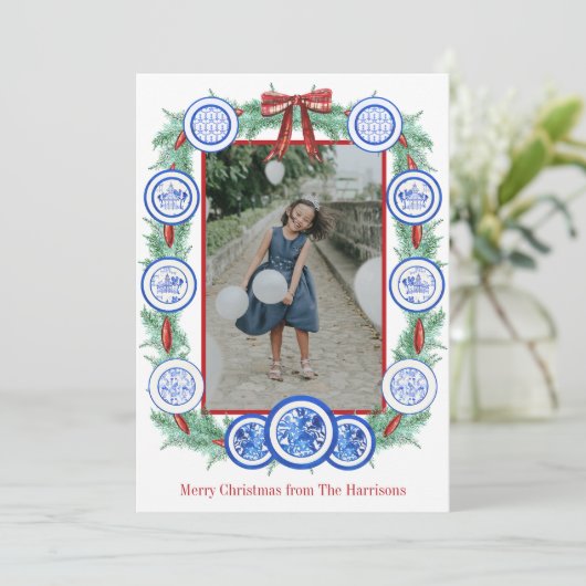 Waterverf Chinoiserie Borden Garland Christmas Feestdagenkaart (Staand voorkant)
