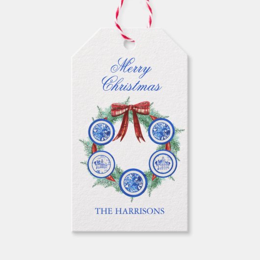 Waterverf Chinoiserie Borden Krans Kerstmis Cadeaulabel (Voorkant)