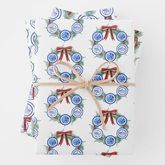 Waterverf Chinoiserie Borden Krans Kerstmis Inpakpapier Vel (In situ)