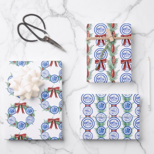 Waterverf Chinoiserie Borden Krans Kerstmis Inpakpapier Vel (Voorkant)