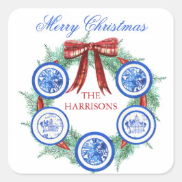 Waterverf Chinoiserie Borden Krans Kerstmis Vierkante Sticker