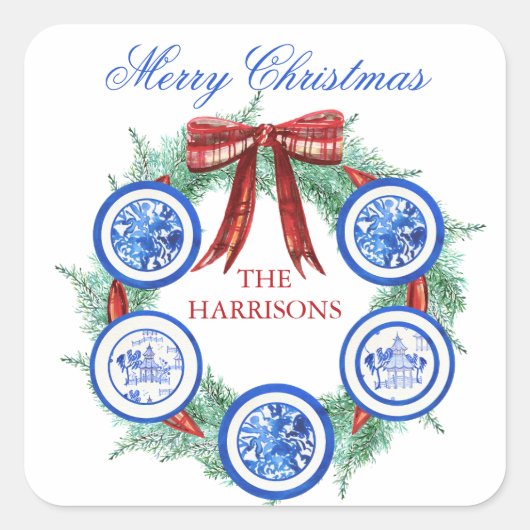 Waterverf Chinoiserie Borden Krans Kerstmis Vierkante Sticker (Voorkant)