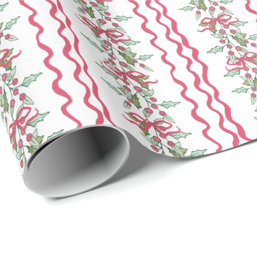 Waterverf Chinoiserie Christmas Red Bow Mistletoe Cadeaupapier (Rol Hoek)