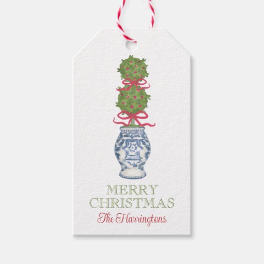 Waterverf Chinoiserie Christmas Red Bow Topiary Cadeaulabel (Voorkant)