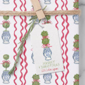 Waterverf Chinoiserie Christmas Red Bow Topiary Cadeaulabel