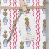 Waterverf Chinoiserie Christmas Red Bow Topiary Cadeaulabel
