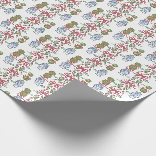 Waterverf Chinoiserie Christmas Red Bow Topiary Cadeaupapier (Hoek)