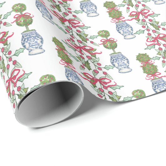 Waterverf Chinoiserie Christmas Red Bow Topiary Cadeaupapier (Rol Hoek)