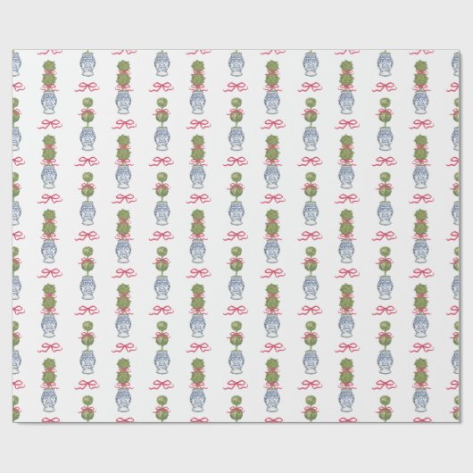 Waterverf Chinoiserie Christmas Red Bow Topiary Cadeaupapier (Vlak)