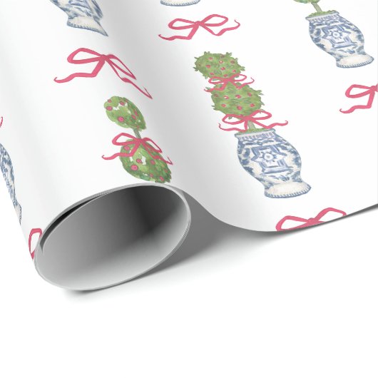 Waterverf Chinoiserie Christmas Red Bow Topiary Cadeaupapier (Rol Hoek)