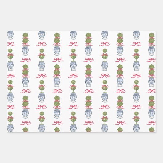 Waterverf Chinoiserie Christmas Red Bow Topiary Inpakpapier Vel (Voorkant 3)
