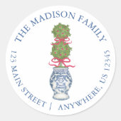 Waterverf Chinoiserie Christmas Red Bow Topiary Ronde Sticker (Voorkant)