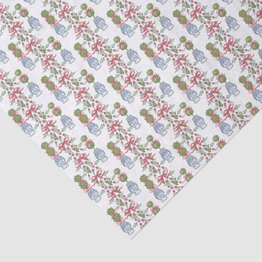 Waterverf Chinoiserie Christmas Red Bow Topiary Tissuepapier (Detail)