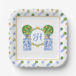 Waterverf Chinoiserie Citrus Topiary Monogram Papieren Bordje
