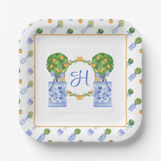 Waterverf Chinoiserie Citrus Topiary Monogram Papieren Bordje (Voorkant)