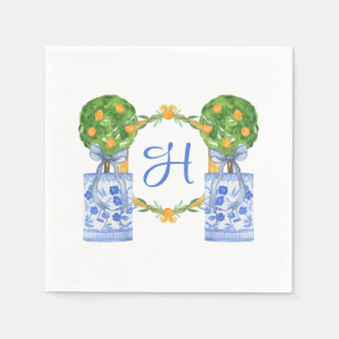 Waterverf Chinoiserie Citrus Topiary Monogram Servet