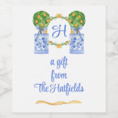 Waterverf Chinoiserie Citrus Topiary Monogram Wijn Etiket (Enkel label)