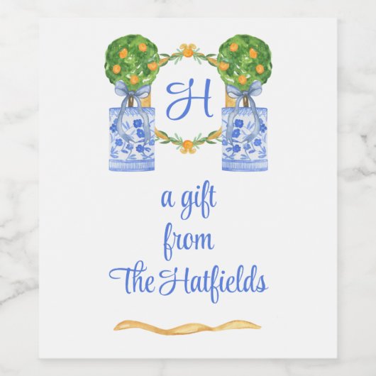 Waterverf Chinoiserie Citrus Topiary Monogram Wijn Etiket (Enkel label)