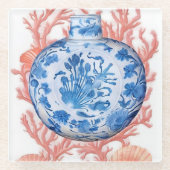 Waterverf Chinoiserie Ginger Jar en Coral Glazen Onderzetter (Voorkant)