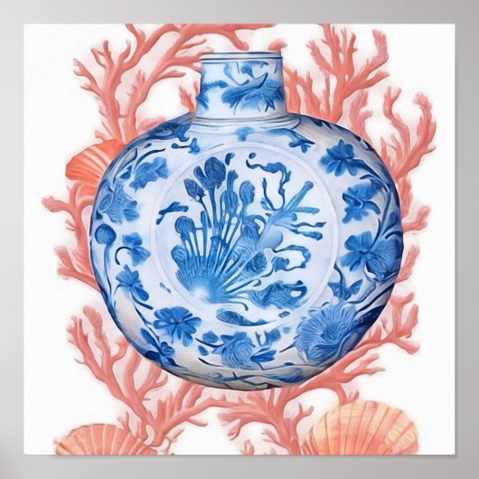 Waterverf Chinoiserie Ginger Jar en Coral Poster (Voorkant)