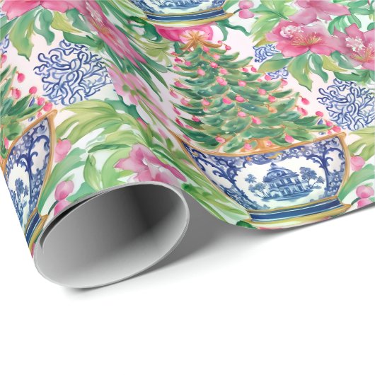 Waterverf Chinoiserie Ginger Jar Kerstboom Cadeaupapier (Rol Hoek)