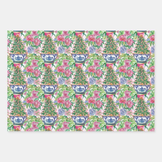 Waterverf Chinoiserie Ginger Jar Kerstboom Inpakpapier Vel (Voorkant 2)