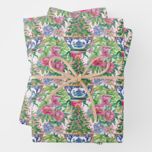 Waterverf Chinoiserie Ginger Jar Kerstboom Inpakpapier Vel