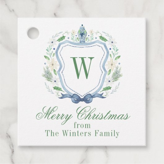 Waterverf Chinoiserie Ginger Jar Monogram Crest Bedankjes Labels (Voorkant)