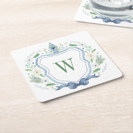 Waterverf Chinoiserie Ginger Jar Monogram Crest Kartonnen Onderzetters (Schuin)