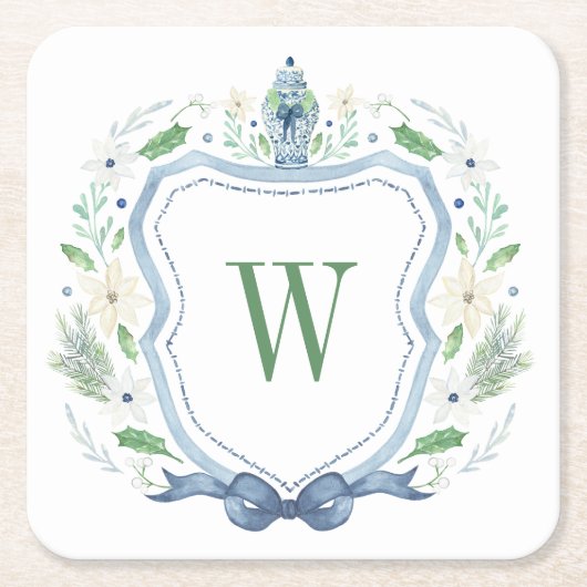 Waterverf Chinoiserie Ginger Jar Monogram Crest Kartonnen Onderzetters (Voorkant)