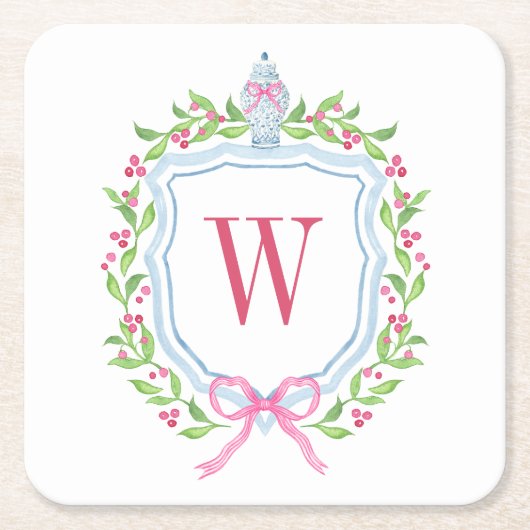 Waterverf Chinoiserie Ginger Jar Monogram Crest Kartonnen Onderzetters (Voorkant)