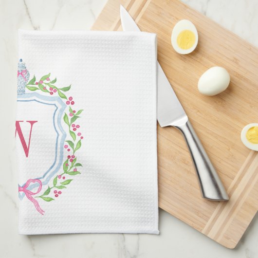 Waterverf Chinoiserie Ginger Jar Monogram Crest Theedoek (Quarter Fold)