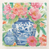 Waterverf Chinoiserie Ginger Jar of Flowers Glazen Onderzetter (Voorkant)
