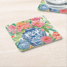 Waterverf Chinoiserie Ginger Jar of Flowers Kartonnen Onderzetters